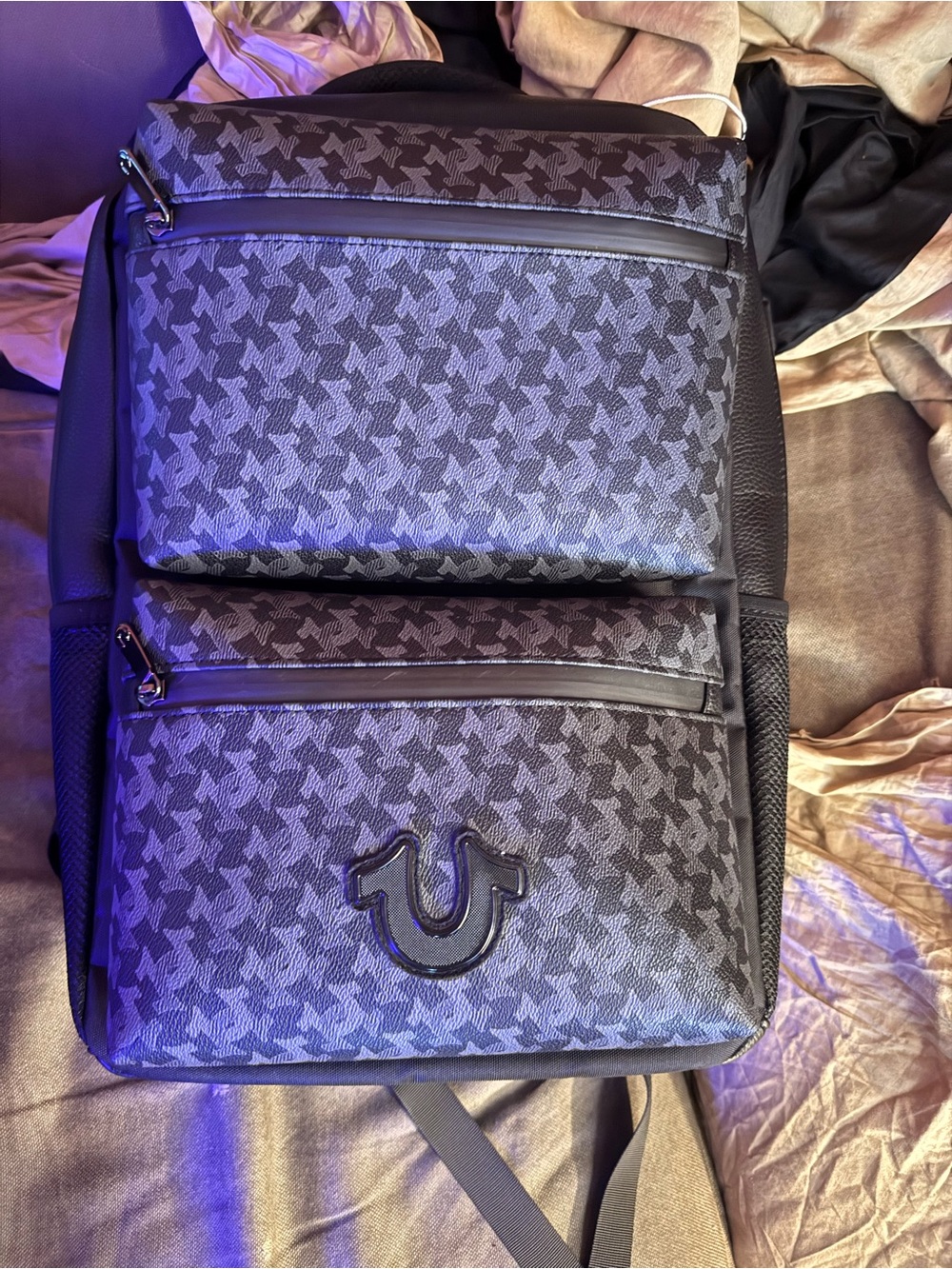 True Religion Black Patterned Backpack with Logo Accent